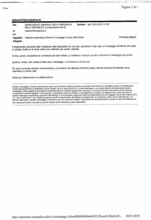 clicca per ingrandire la risposta automatica alla mia mail dal sito del Quirinale
